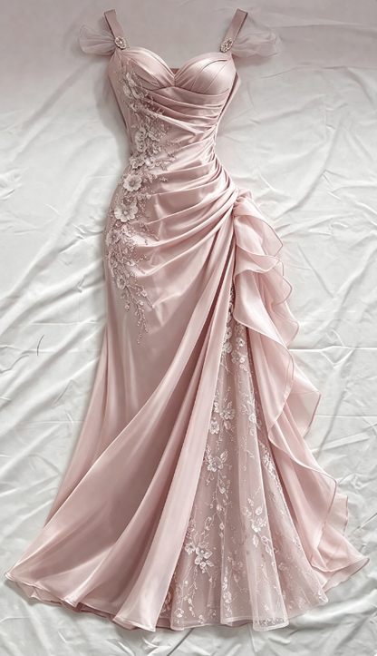 Robe de bal bleue fourreau à bretelles en satin avec appliques, robe de soirée longue ED07632