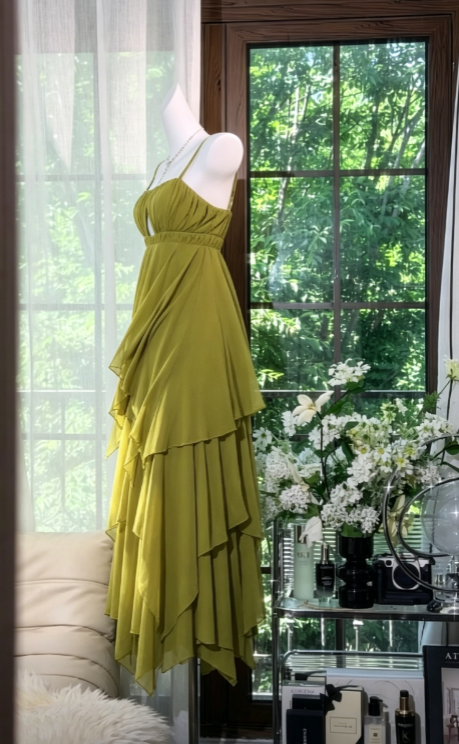 Vintage Spaghetti Straps Vacation Dress Sheath Chiffon Long Evening Dress Olive Green Wedding Guest Dress ED07862