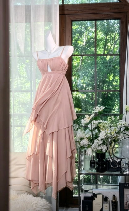 Robe de soirée longue en mousseline fourreau style vacances à fines bretelles vert olive - Robe d'invitée de mariage ED07862