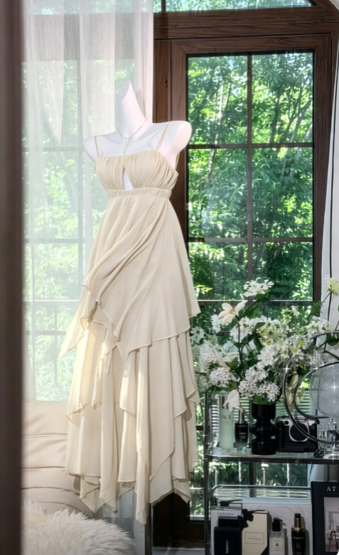 Robe de soirée longue en mousseline fourreau style vacances à fines bretelles vert olive - Robe d'invitée de mariage ED07862