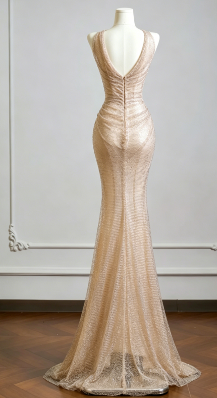 Robe de soirée longue fourreau en mousseline de soie à licou chic avec strass, robe de bal couleur champagne ED07987