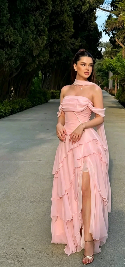 Robe de soirée longue élégante en mousseline jaune, bustier et fourreau, pour invitée de mariage ED08045