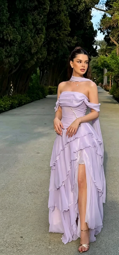 Robe de soirée longue élégante en mousseline jaune, bustier et fourreau, pour invitée de mariage ED08045