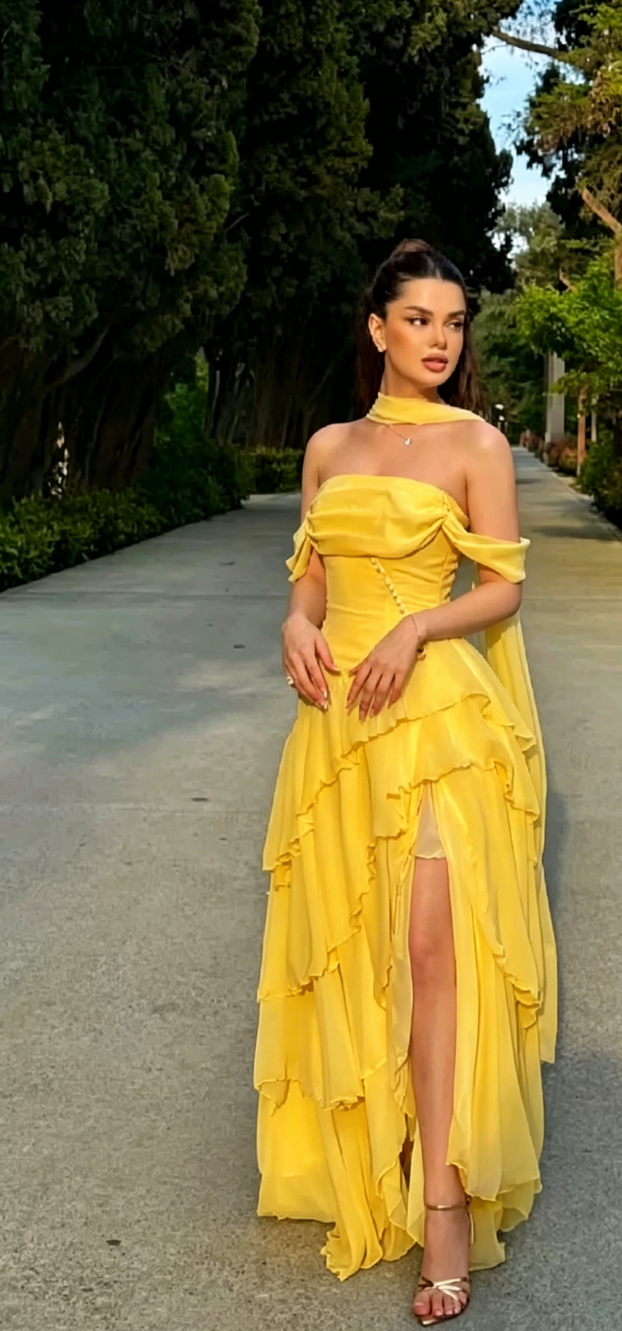 Robe de soirée longue élégante en mousseline jaune, bustier et fourreau, pour invitée de mariage ED08045