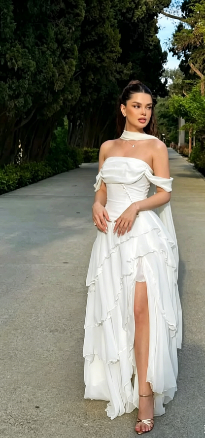 Robe de soirée longue élégante en mousseline jaune, bustier et fourreau, pour invitée de mariage ED08045