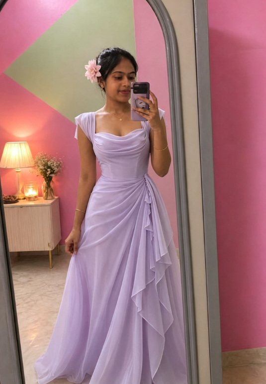 Élégante Robe de Bal Rose à Bretelles Fourreau en Mousseline Longue Robe de Soirée ED08046
