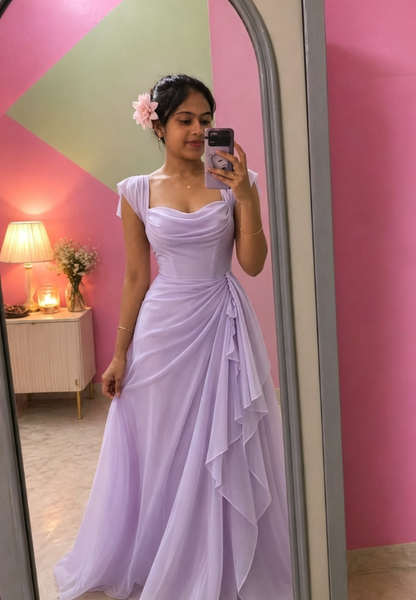 Élégante Robe de Bal Rose à Bretelles Fourreau en Mousseline Longue Robe de Soirée ED08046