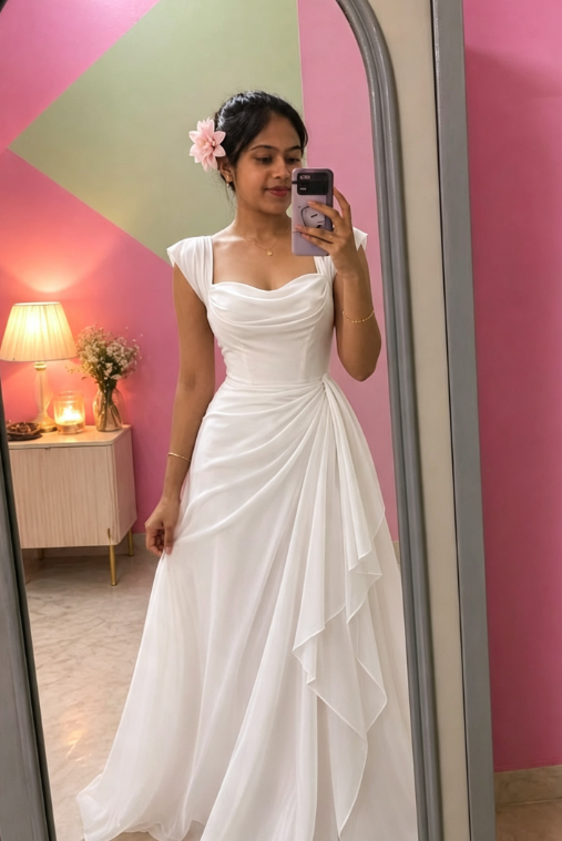 Élégante Robe de Bal Rose à Bretelles Fourreau en Mousseline Longue Robe de Soirée ED08046