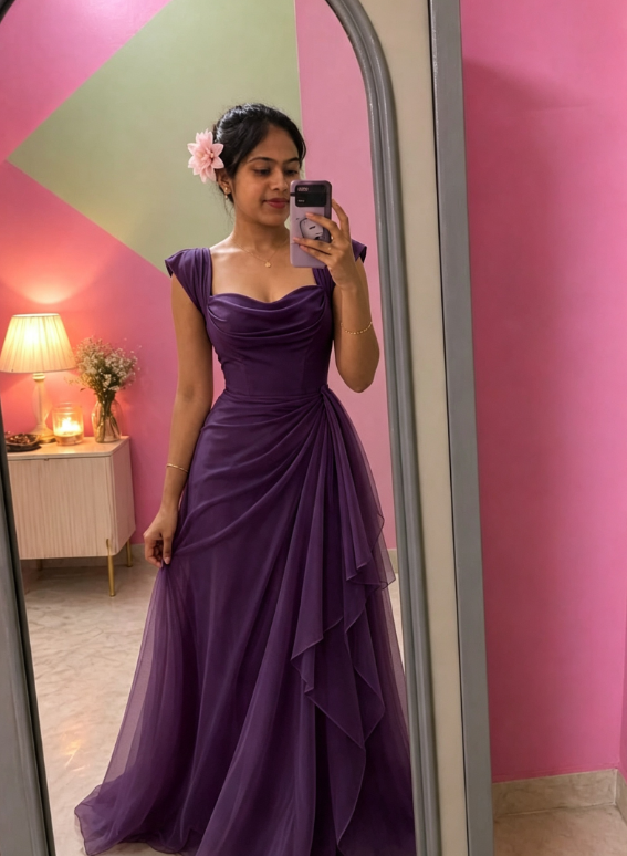 Élégante Robe de Bal Rose à Bretelles Fourreau en Mousseline Longue Robe de Soirée ED08046