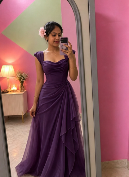 Élégante Robe de Bal Rose à Bretelles Fourreau en Mousseline Longue Robe de Soirée ED08046