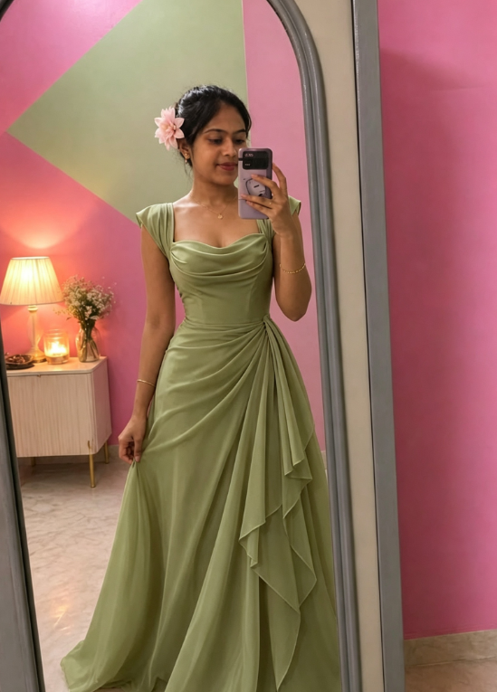 Élégante Robe de Bal Rose à Bretelles Fourreau en Mousseline Longue Robe de Soirée ED08046