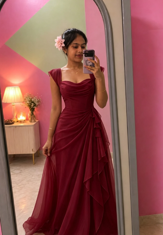 Élégante Robe de Bal Rose à Bretelles Fourreau en Mousseline Longue Robe de Soirée ED08046