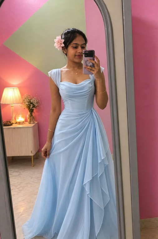 Élégante Robe de Bal Rose à Bretelles Fourreau en Mousseline Longue Robe de Soirée ED08046
