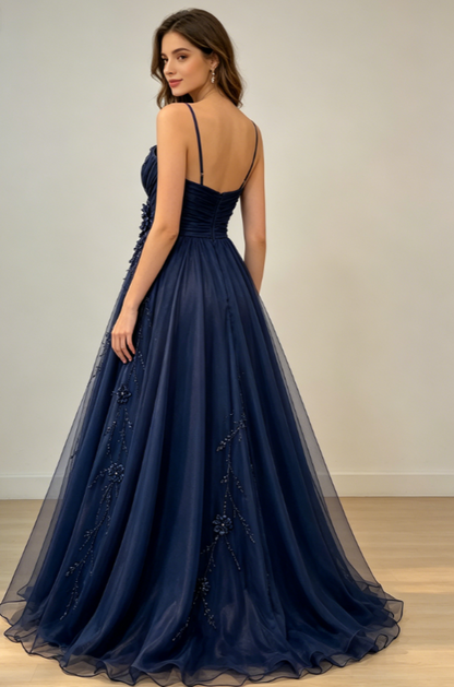 Jolie robe de soirée bleu marine, bretelles spaghetti, coupe évasée, en mousseline perlée, robe de bal longue ED08172