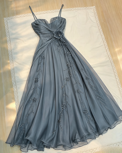 Jolie robe de soirée bleu marine, bretelles spaghetti, coupe évasée, en mousseline perlée, robe de bal longue ED08172