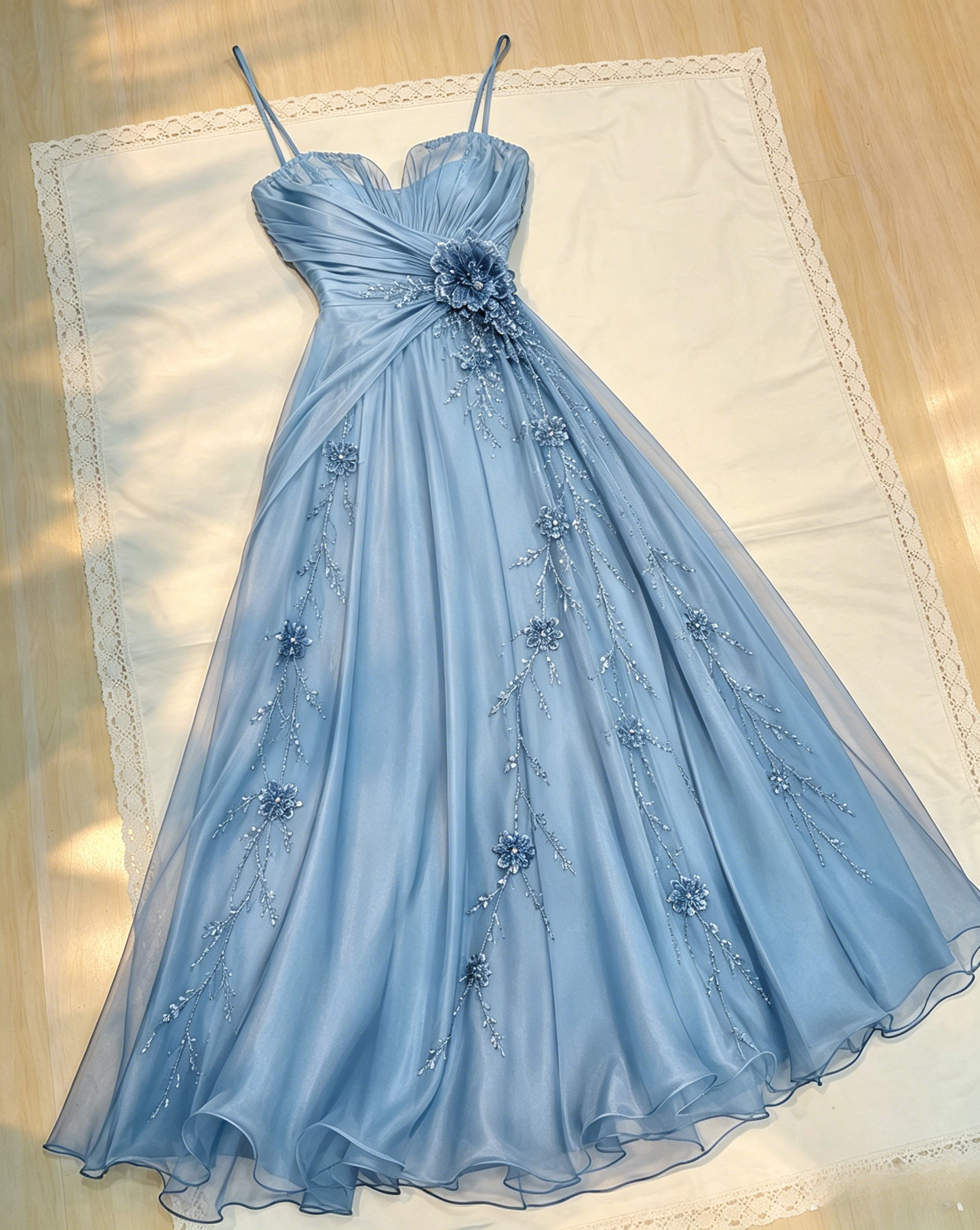 Jolie robe de soirée bleu marine, bretelles spaghetti, coupe évasée, en mousseline perlée, robe de bal longue ED08172