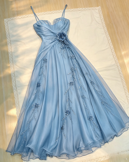 Jolie robe de soirée bleu marine, bretelles spaghetti, coupe évasée, en mousseline perlée, robe de bal longue ED08172