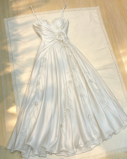 Jolie robe de soirée bleu marine, bretelles spaghetti, coupe évasée, en mousseline perlée, robe de bal longue ED08172