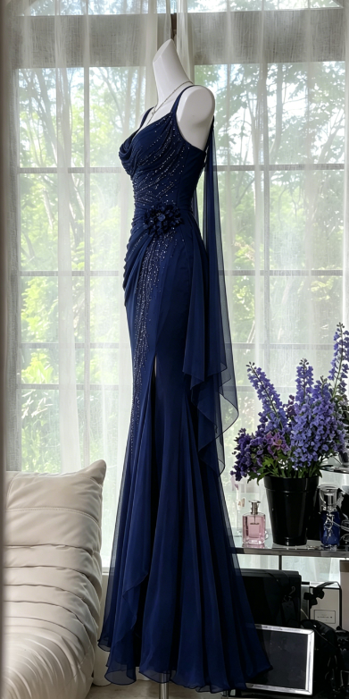 Robe de soirée longue en mousseline perlée sirène à jolies bretelles bleu marine robe de bal ED08173
