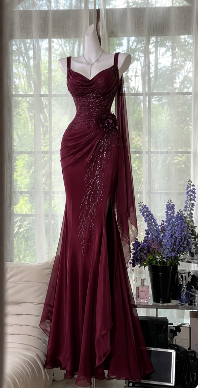 Robe de soirée longue en mousseline perlée sirène à jolies bretelles bleu marine robe de bal ED08173
