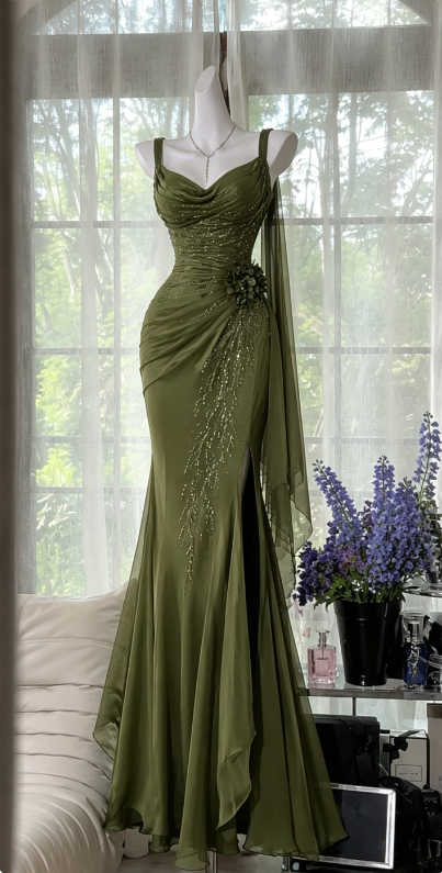 Robe de soirée longue en mousseline perlée sirène à jolies bretelles bleu marine robe de bal ED08173