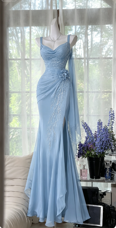 Robe de soirée longue en mousseline perlée sirène à jolies bretelles bleu marine robe de bal ED08173