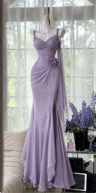 Robe de soirée longue en mousseline perlée sirène à jolies bretelles bleu marine robe de bal ED08173