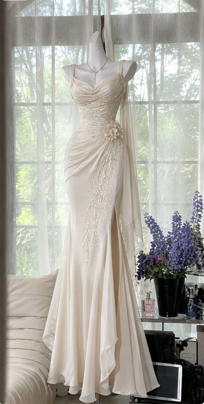 Robe de soirée longue en mousseline perlée sirène à jolies bretelles bleu marine robe de bal ED08173