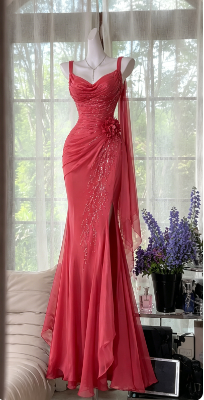 Robe de soirée longue en mousseline perlée sirène à jolies bretelles bleu marine robe de bal ED08173