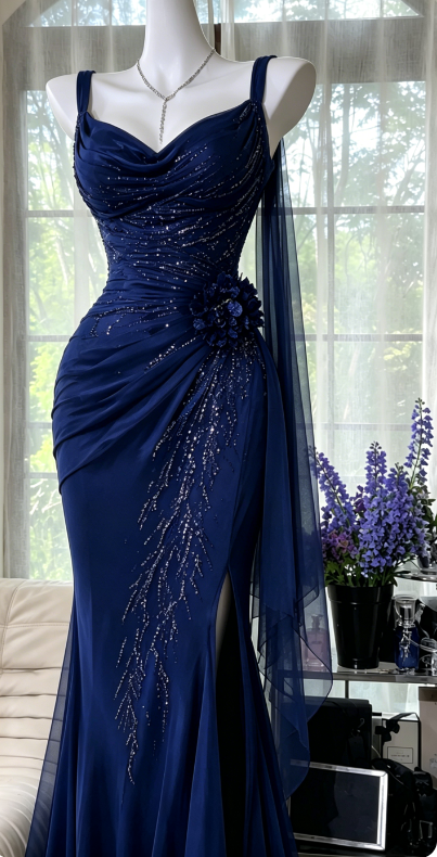 Pretty Straps Mermaid Chiffon Beaded Long Evening Dress Navy Blue Prom Dress ED08173