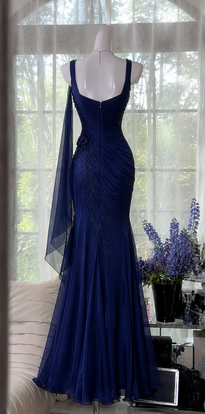 Robe de soirée longue en mousseline perlée sirène à jolies bretelles bleu marine robe de bal ED08173