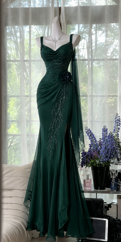 Robe de soirée longue en mousseline perlée sirène à jolies bretelles bleu marine robe de bal ED08173