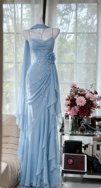 Jolie robe de soirée longue en mousseline de soie à fines bretelles et perles, bordeaux, robe de bal ED08174