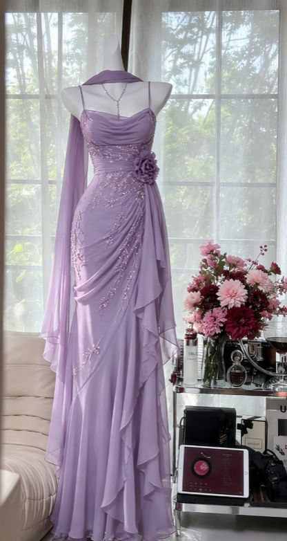 Jolie robe de soirée longue en mousseline de soie à fines bretelles et perles, bordeaux, robe de bal ED08174