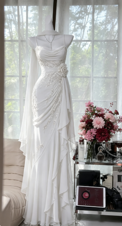 Jolie robe de soirée longue en mousseline de soie à fines bretelles et perles, bordeaux, robe de bal ED08174