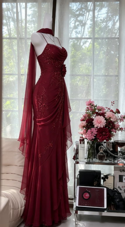 Wunderschönes Spaghettiträger Etui Chiffon Perlen Langes Abendkleid Burgund Ballkleid ED08174