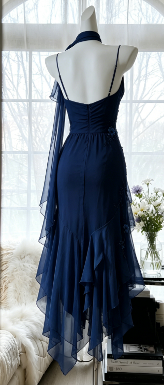 Fairy Navy Blue Prom Dress Spaghetti Straps Sheath Chiffon Beaded Evening Dress ED08208