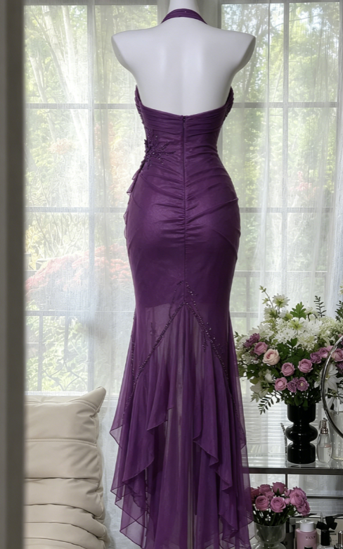 Chic Purple Prom Dress Halter Sheath Chiffon Beaded Long Evening Dress ED08210