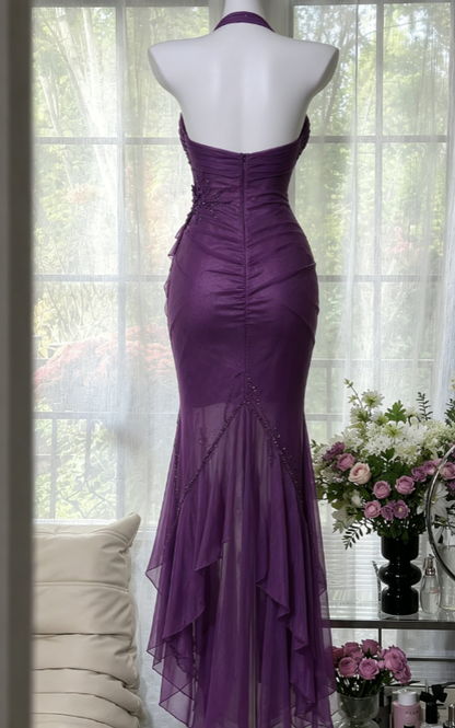 Chic Purple Prom Dress Halter Sheath Chiffon Beaded Long Evening Dress ED08210