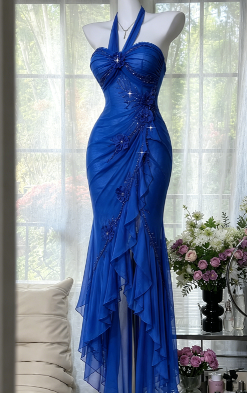 Chic Purple Prom Dress Halter Sheath Chiffon Beaded Long Evening Dress ED08210