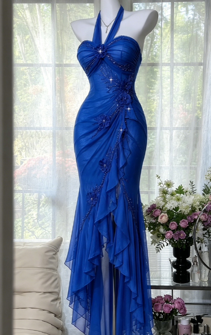Chic Purple Prom Dress Halter Sheath Chiffon Beaded Long Evening Dress ED08210