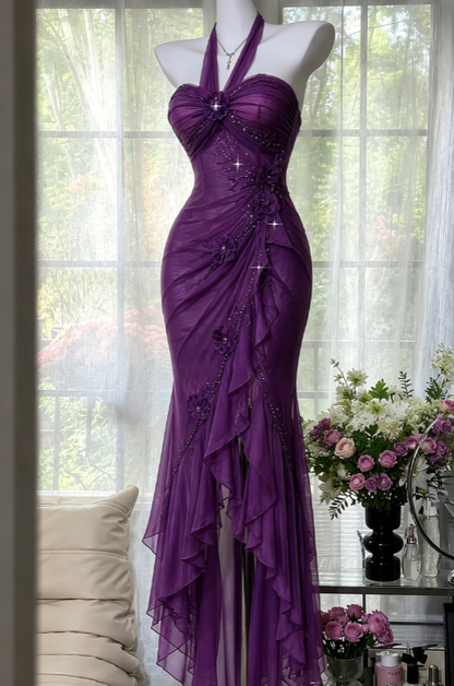 Chic Purple Prom Dress Halter Sheath Chiffon Beaded Long Evening Dress ED08210
