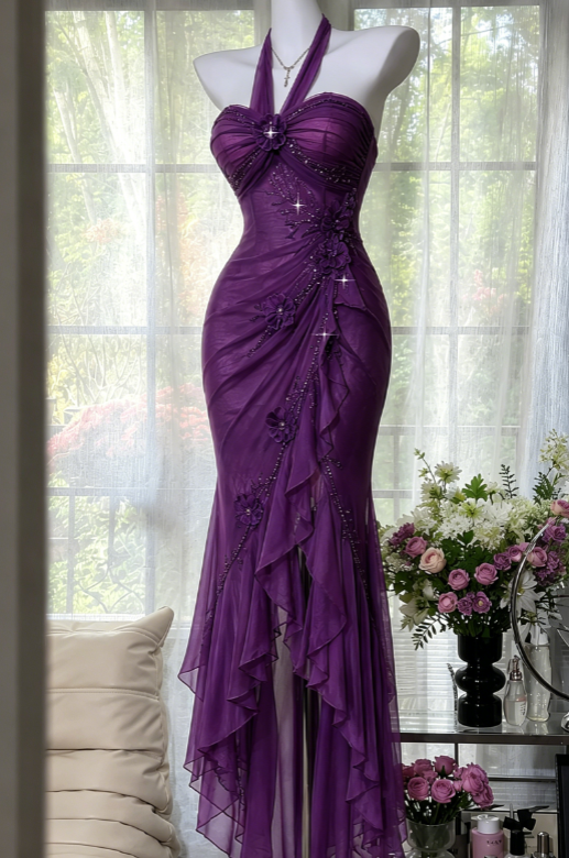 Schickes lila Ballkleid Neckholder Etui Chiffon Perlen Lang Abendkleid ED08210