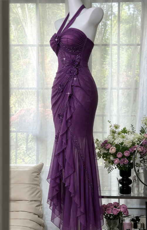 Chic Purple Prom Dress Halter Sheath Chiffon Beaded Long Evening Dress ED08210