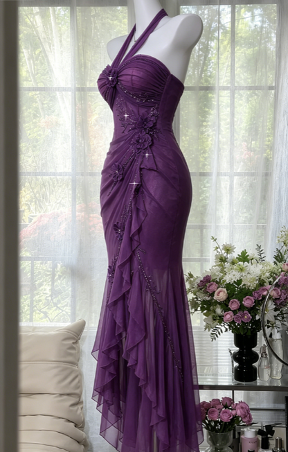 Chic Purple Prom Dress Halter Sheath Chiffon Beaded Long Evening Dress ED08210