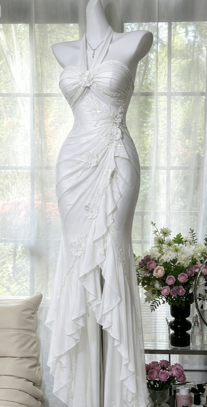Chic Purple Prom Dress Halter Sheath Chiffon Beaded Long Evening Dress ED08210