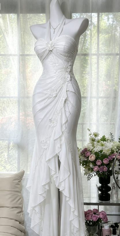Chic Purple Prom Dress Halter Sheath Chiffon Beaded Long Evening Dress ED08210