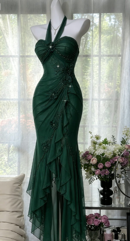 Chic Purple Prom Dress Halter Sheath Chiffon Beaded Long Evening Dress ED08210