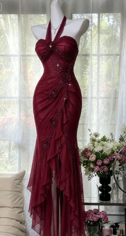 Chic Purple Prom Dress Halter Sheath Chiffon Beaded Long Evening Dress ED08210