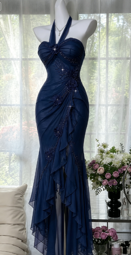 Chic Purple Prom Dress Halter Sheath Chiffon Beaded Long Evening Dress ED08210